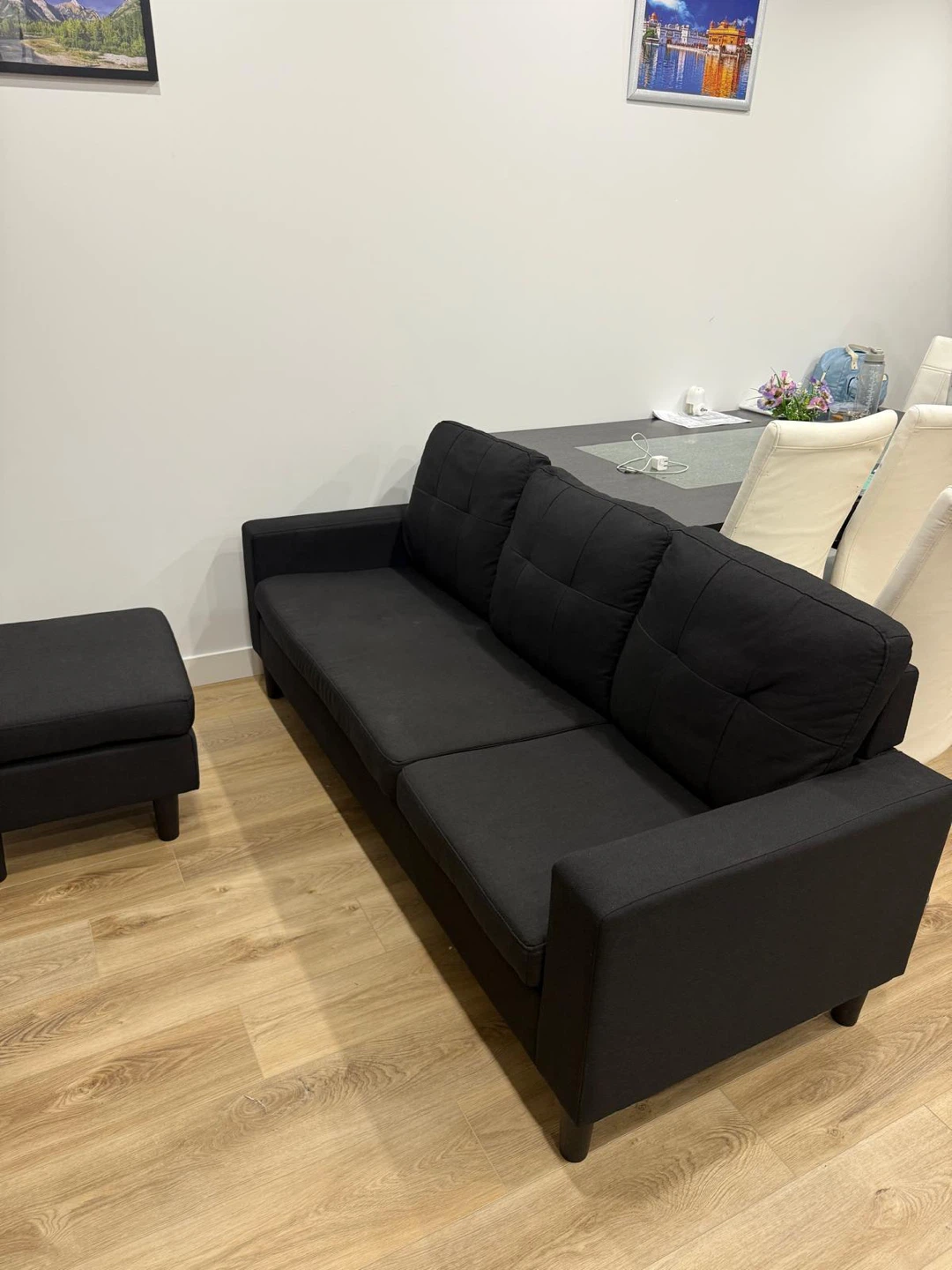 Black 3-Seater Sofa with Ottoman
