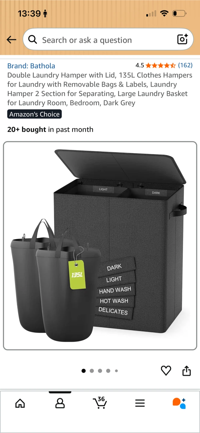 Bathola Double Laundry Hamper with Lid, 135L Capacity, Dark Grey