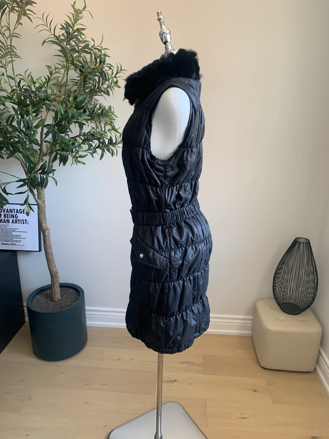Korean Long Black Puffer Vest Faux Fur Belt - photo 3