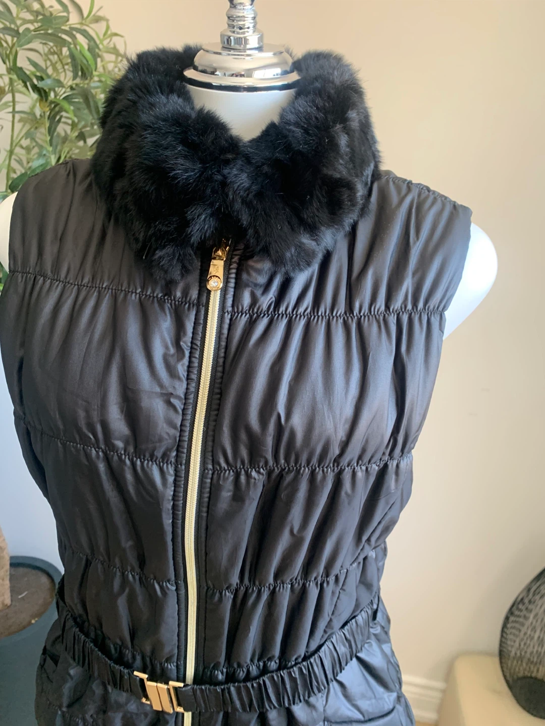 Korean Long Black Puffer Vest Faux Fur Belt - photo 5