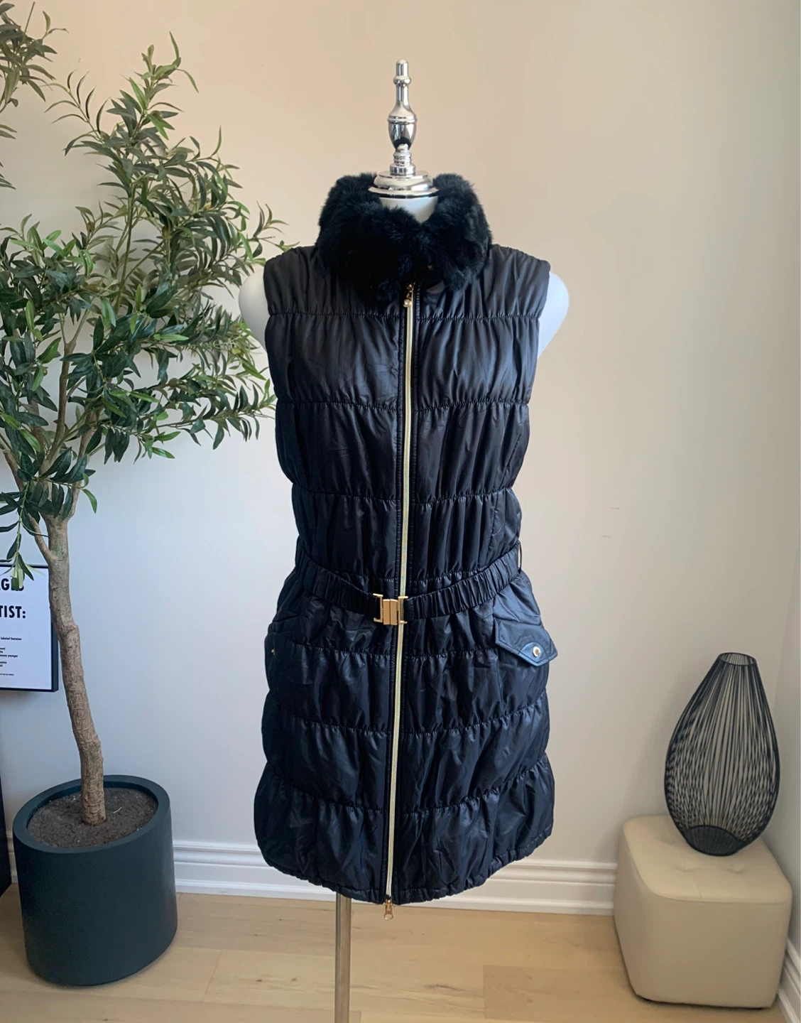 Korean Long Black Puffer Vest Faux Fur Belt