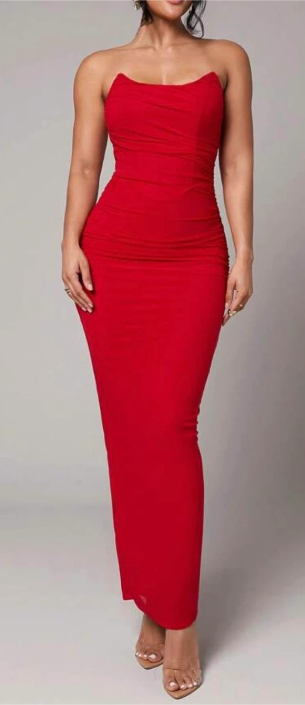 Red Strapless Ruched Maxi Dress