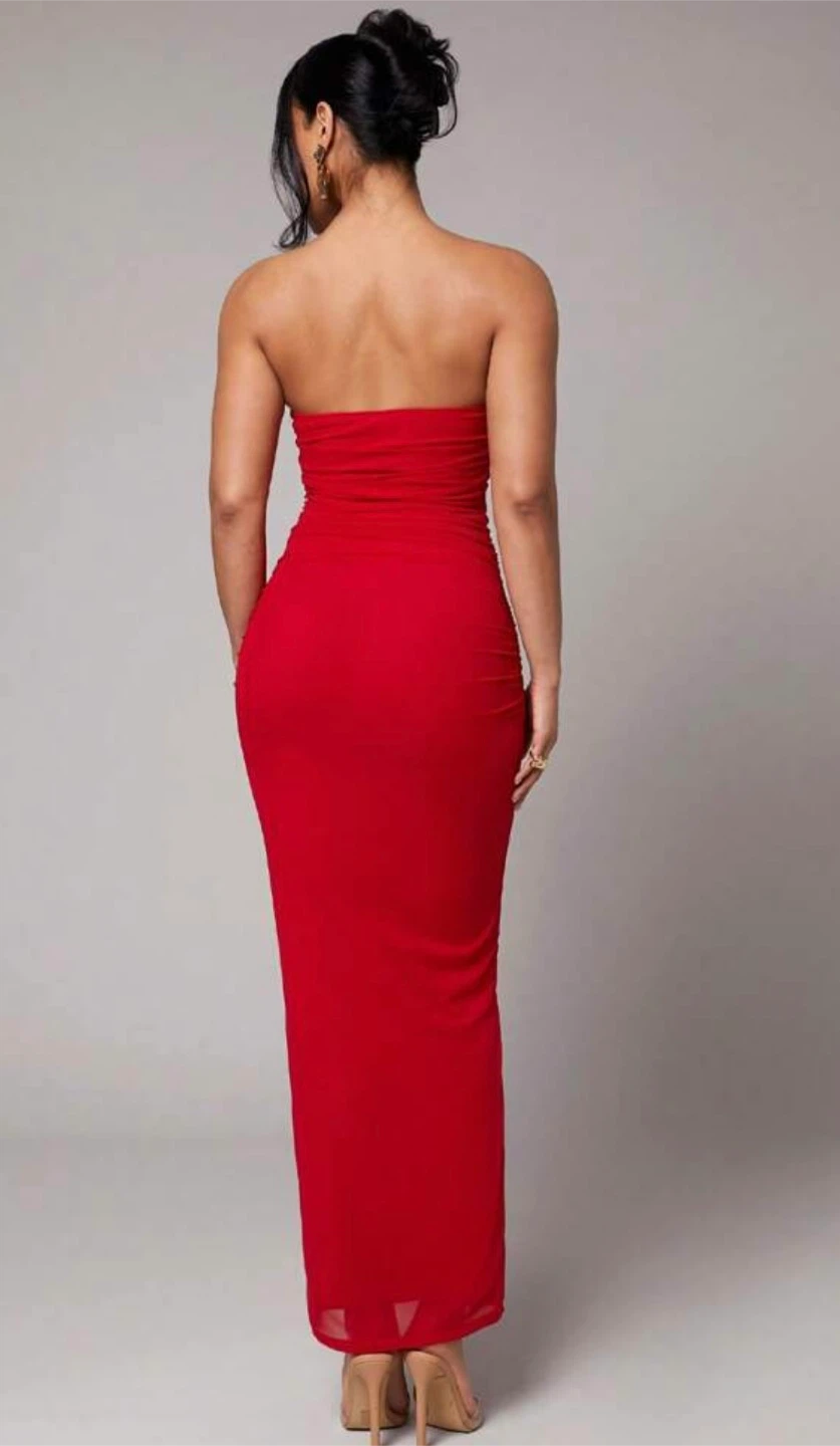 Red Strapless Ruched Maxi Dress - photo 2