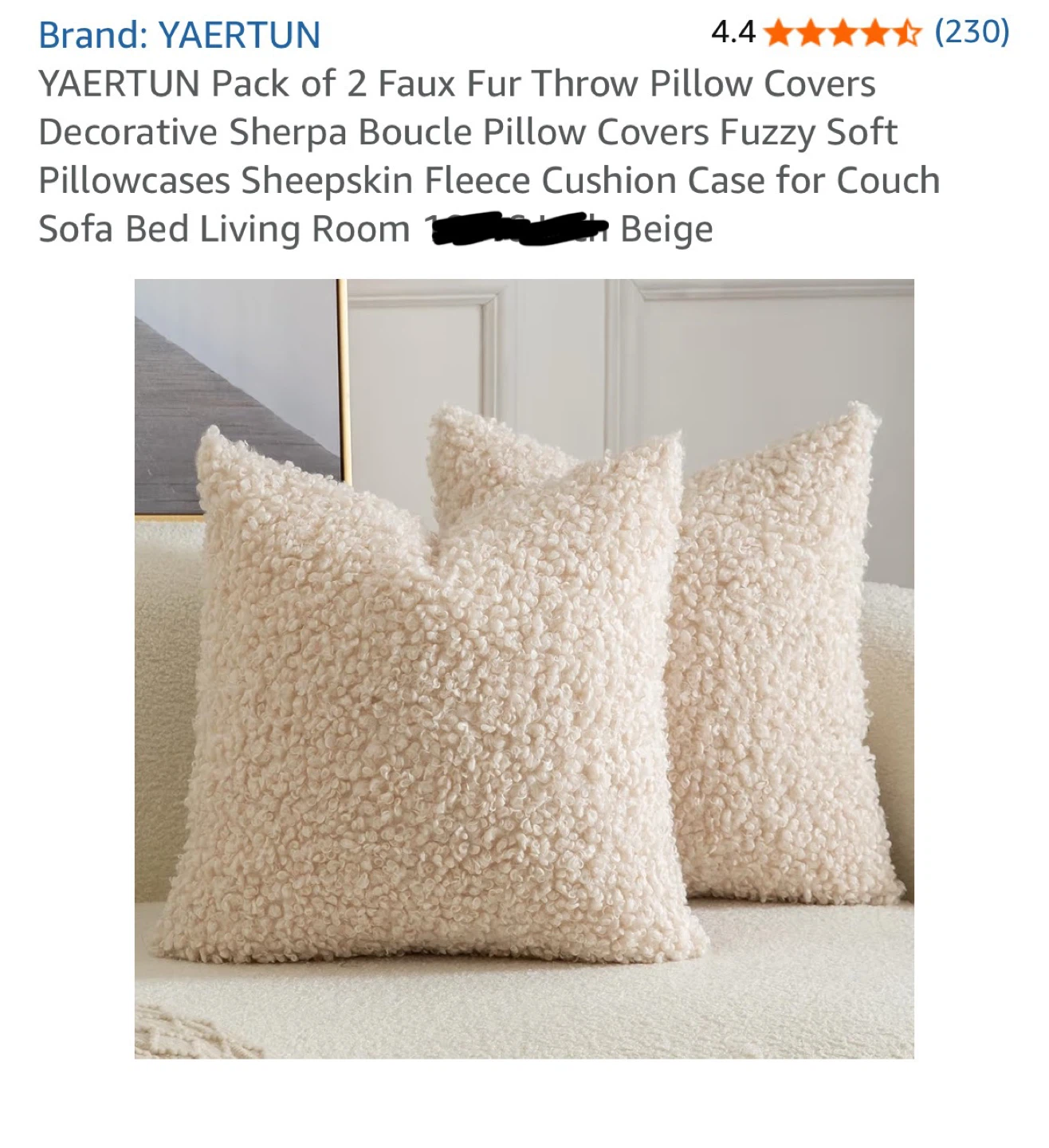 NEW IN BOX! YAERTUN Pack of 2 Faux Fur Throw Pillow Covers Beige
