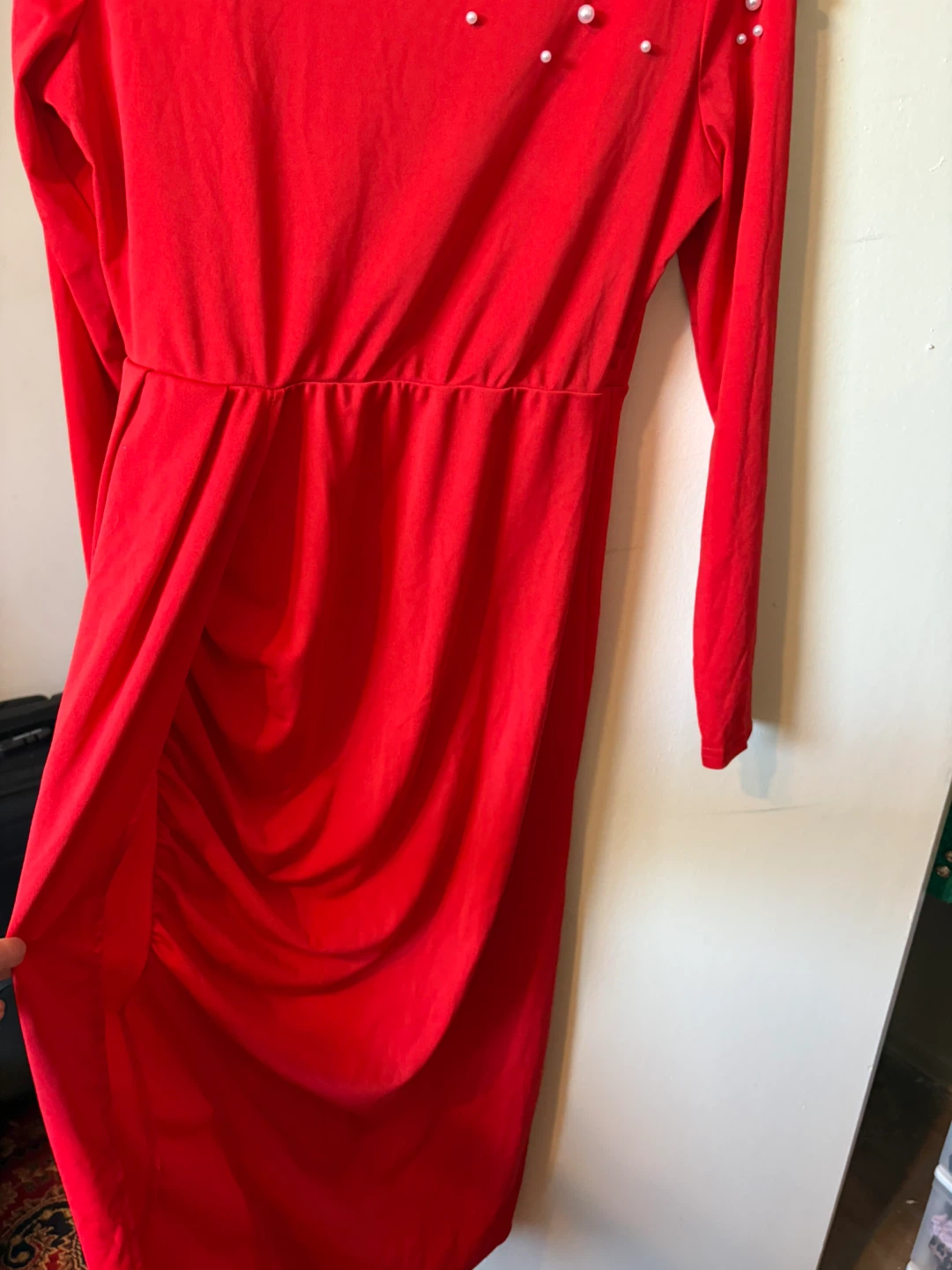 Women's Red Pearl Embellished Long Sleeve Dress