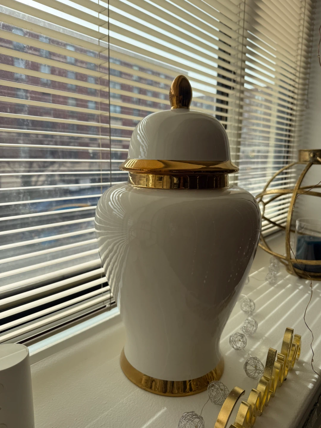 White Ginger Jar with Gold Accents