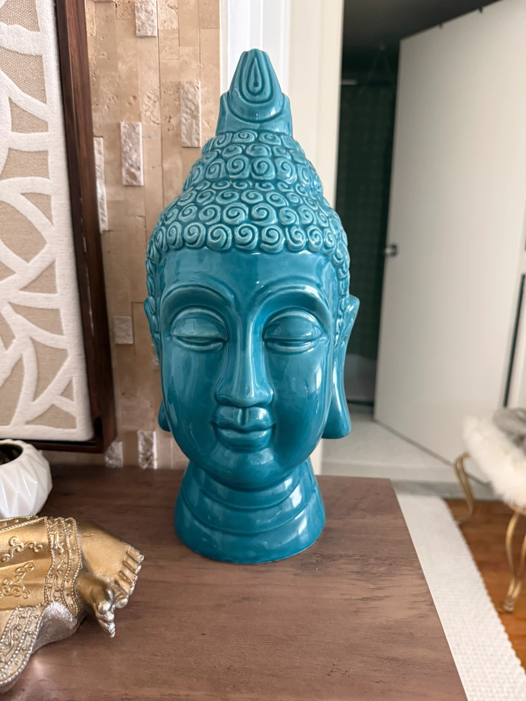 Teal Ceramic Buddha Head Figurine