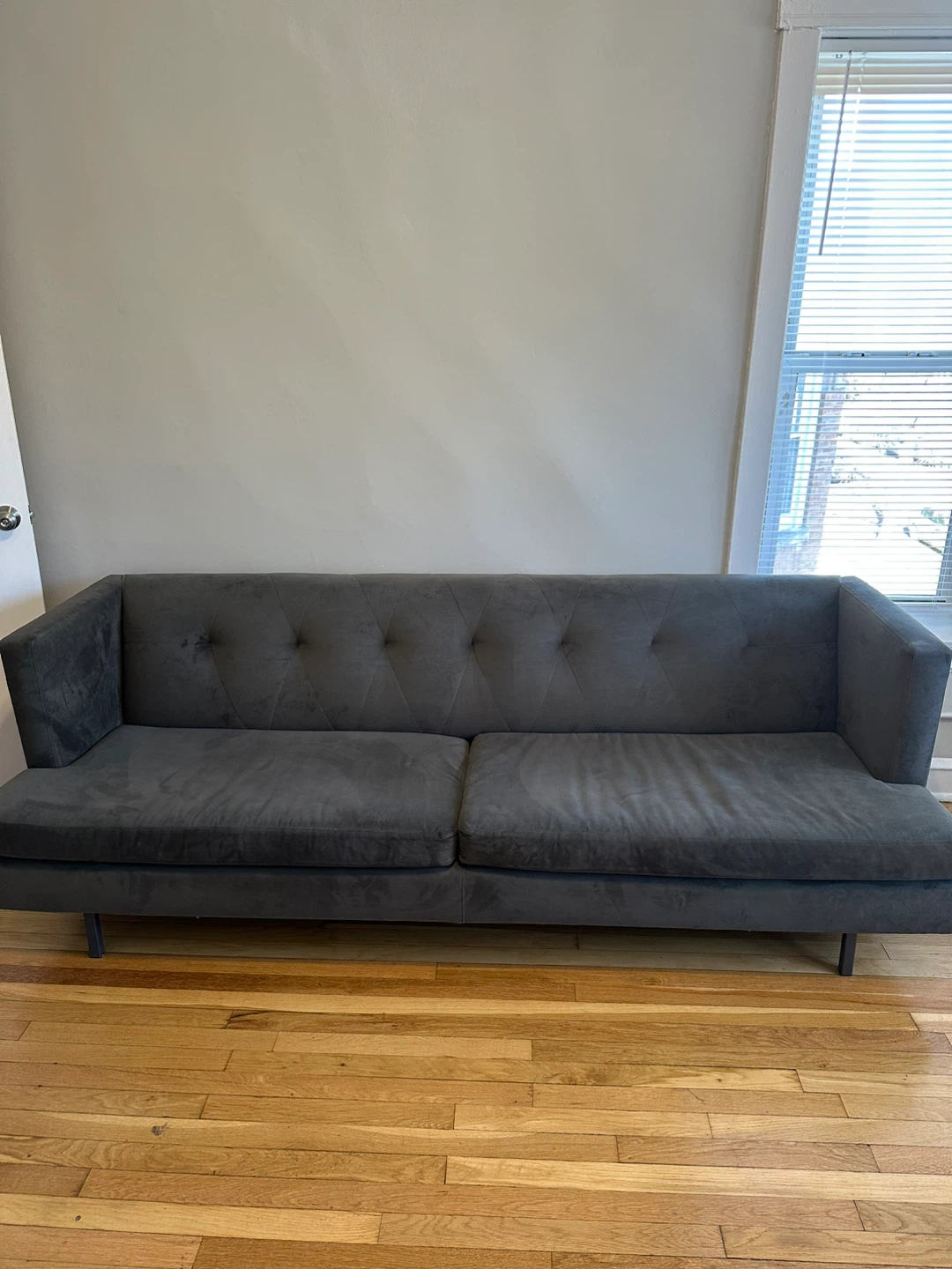 CB2 Olive Green/Gray Tufted Sofa