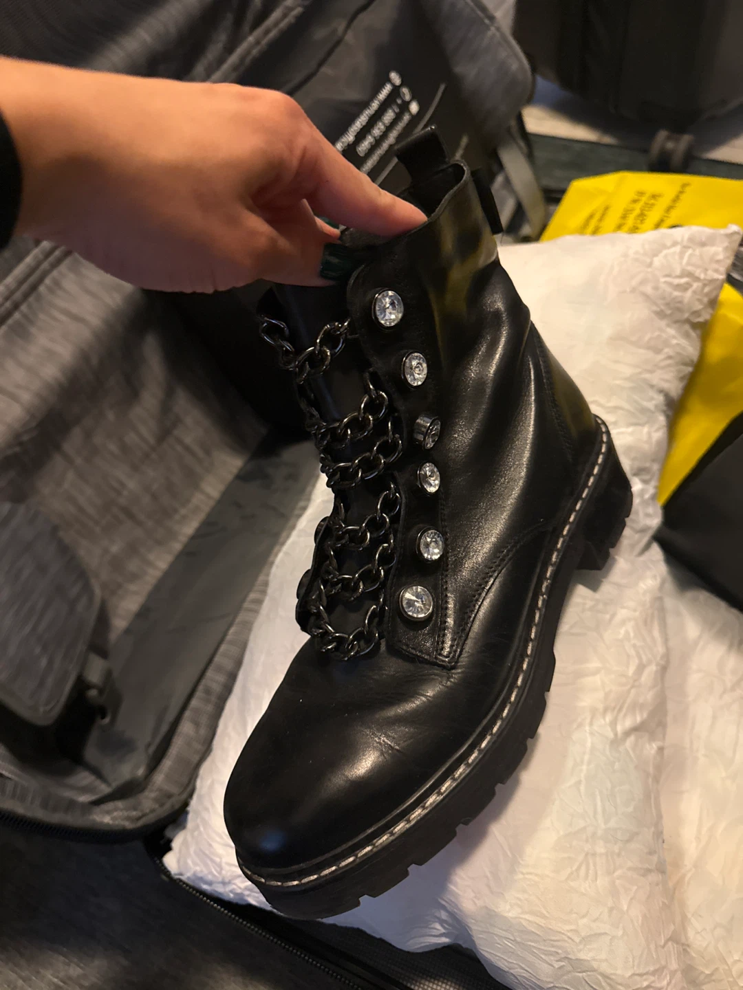 Black Leather Combat Boots with Chain Detail - photo 3