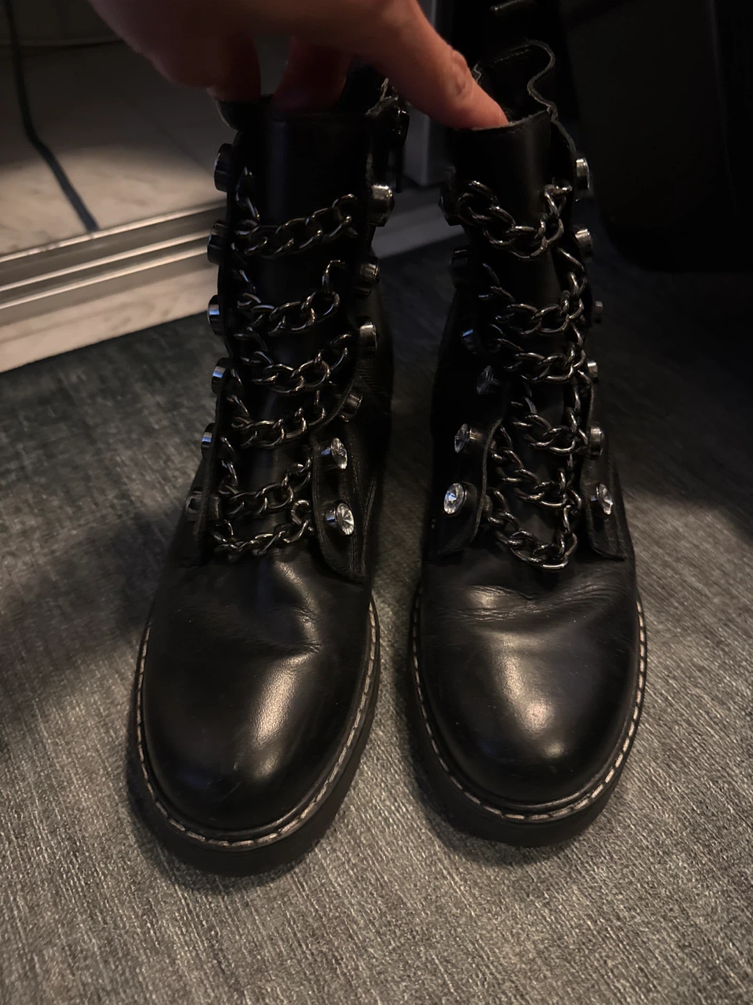 Black Leather Combat Boots with Chain Detail - photo 4