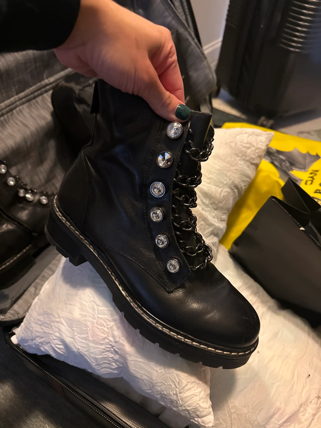 Black Leather Combat Boots with Chain Detail
