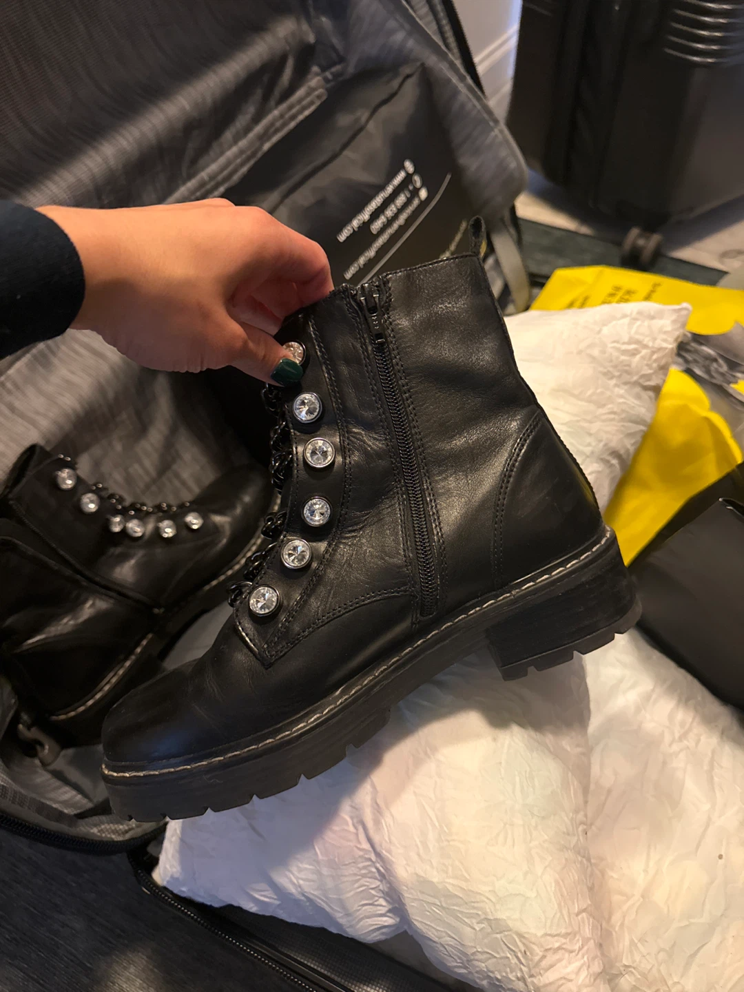 Black Leather Combat Boots with Chain Detail - photo 2