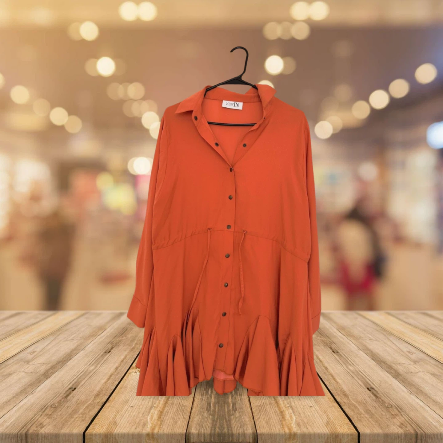 Orange Button-Up Tunic Dress with Ruffle Hem