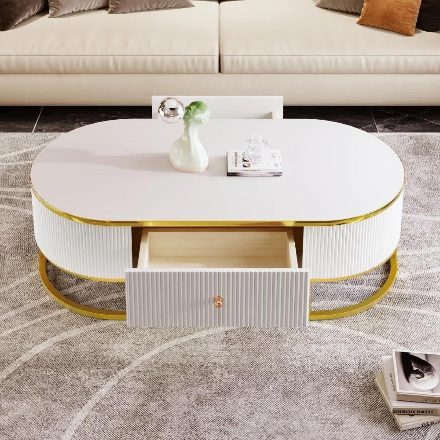 White Oval Coffee Table with Gold Accents - photo 2
