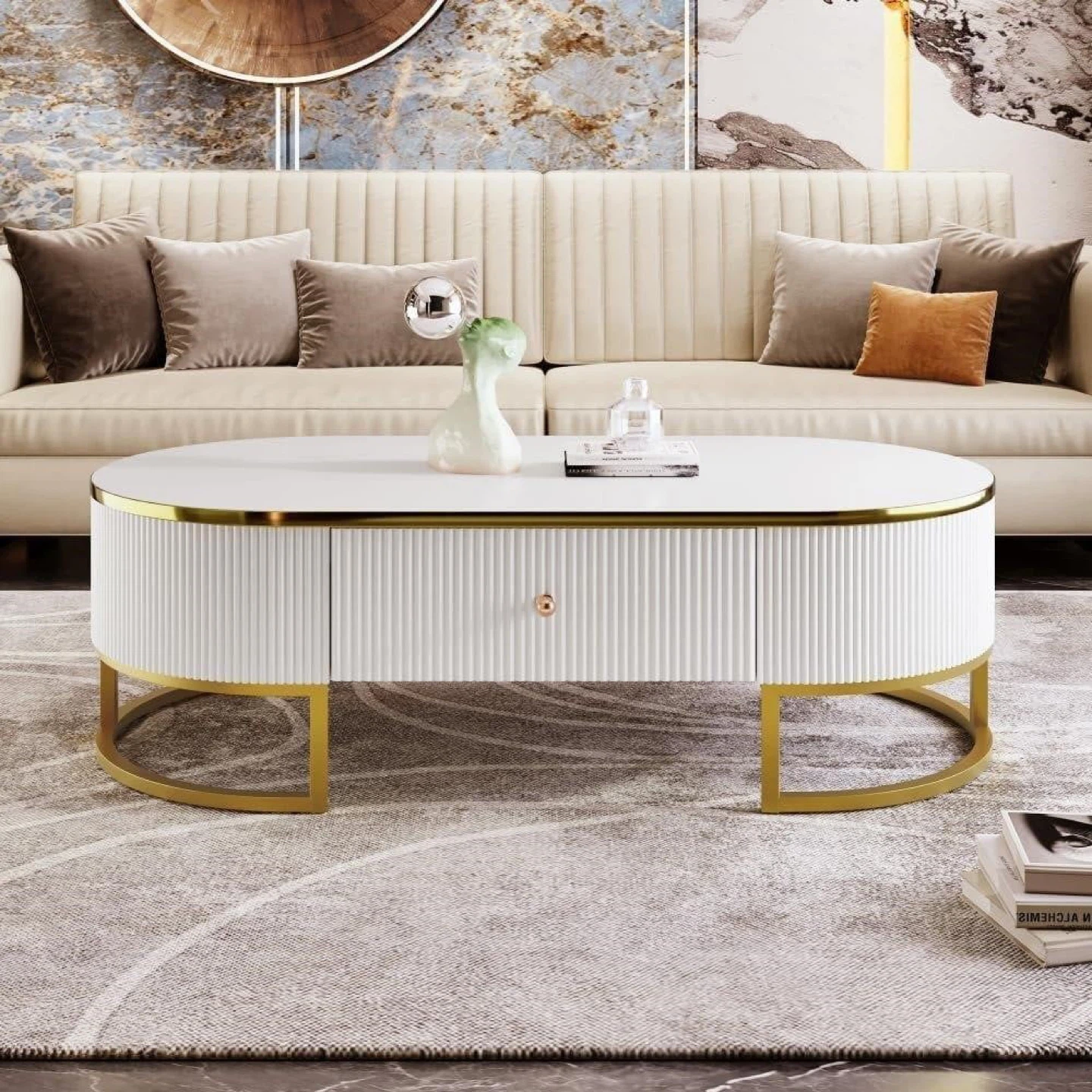 White Oval Coffee Table with Gold Accents
