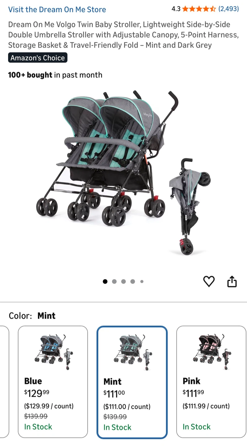 Dream On Me Volgo Twin Umbrella Stroller - Mint & Dark Grey