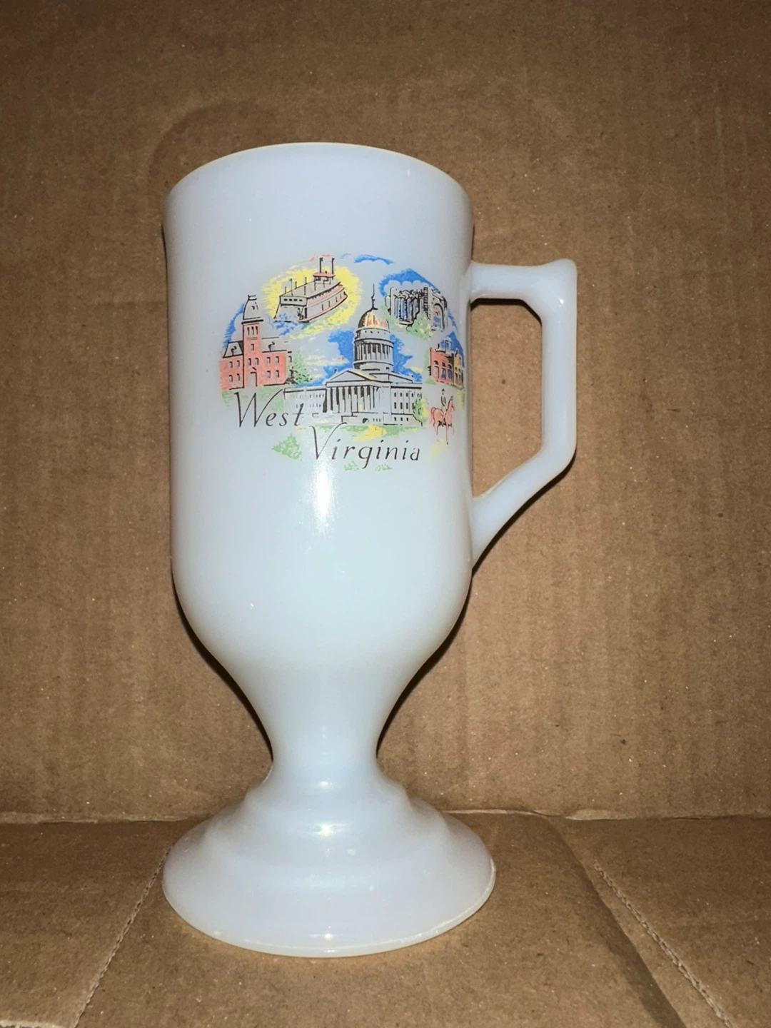 Vintage West Virginia Milk Glass Pedestal Mug 🧡