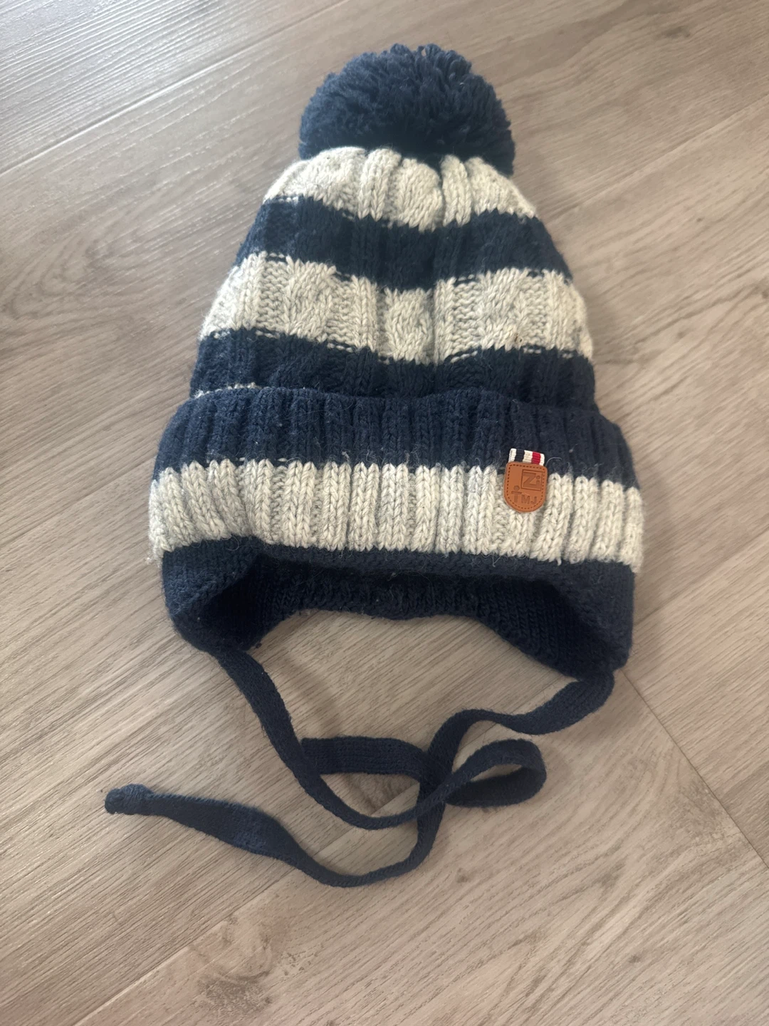 Navy and Grey Striped Knit Toque with Pom Pom