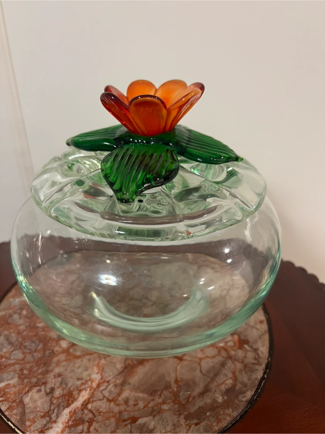 Vintage Glass Candy Dish with Flower Lid