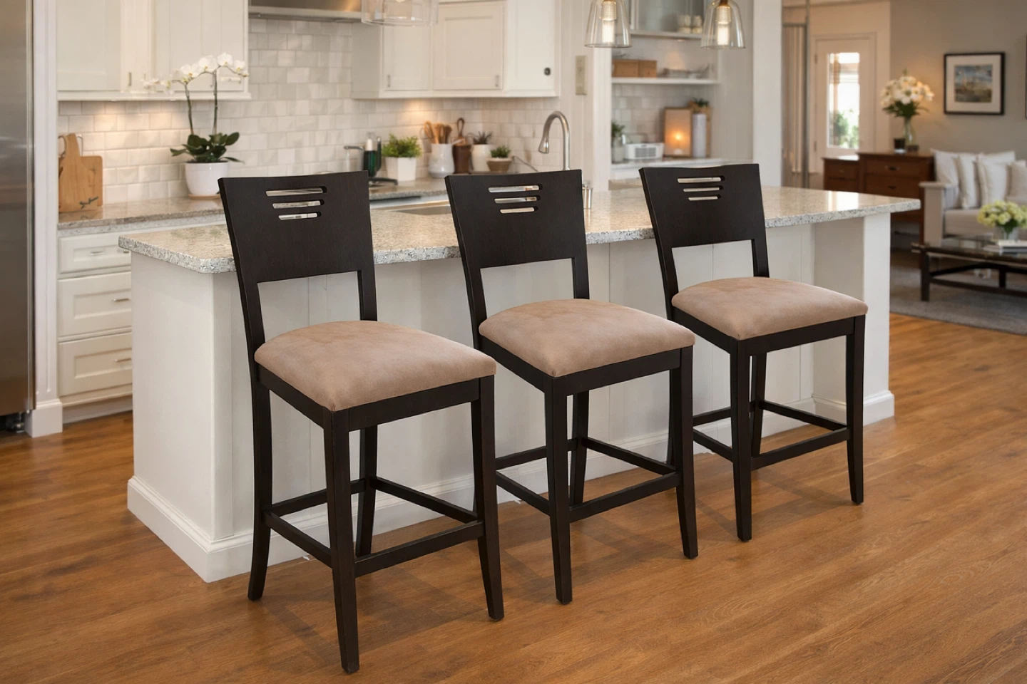 Set of 3 Dark Brown Bar Stools with Beige Seats