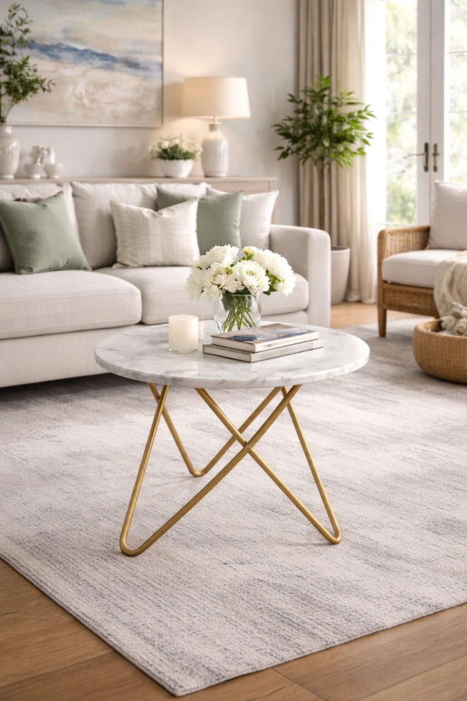 Marble Top Round Coffee Table with Gold Legs