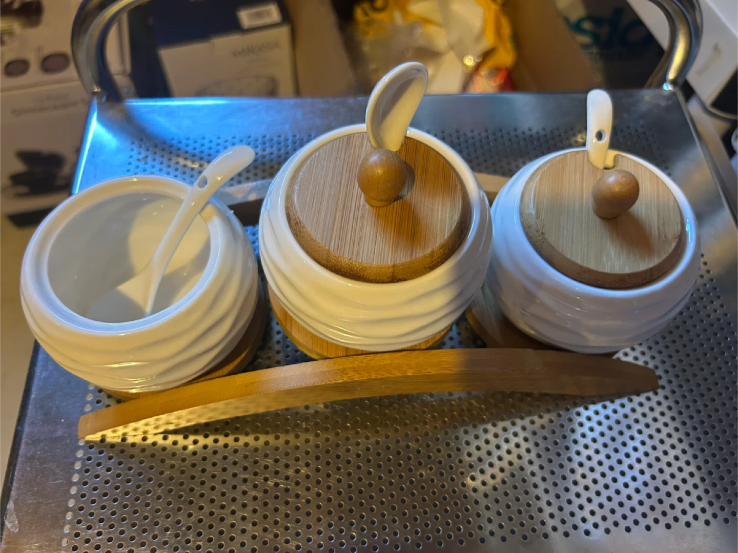 Condiment Set - 3 Ceramic Jars with Wooden Lids & Spoons - photo 2