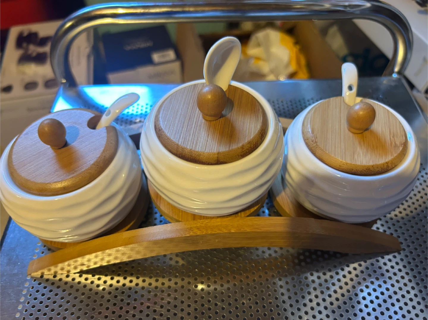 Condiment Set - 3 Ceramic Jars with Wooden Lids & Spoons