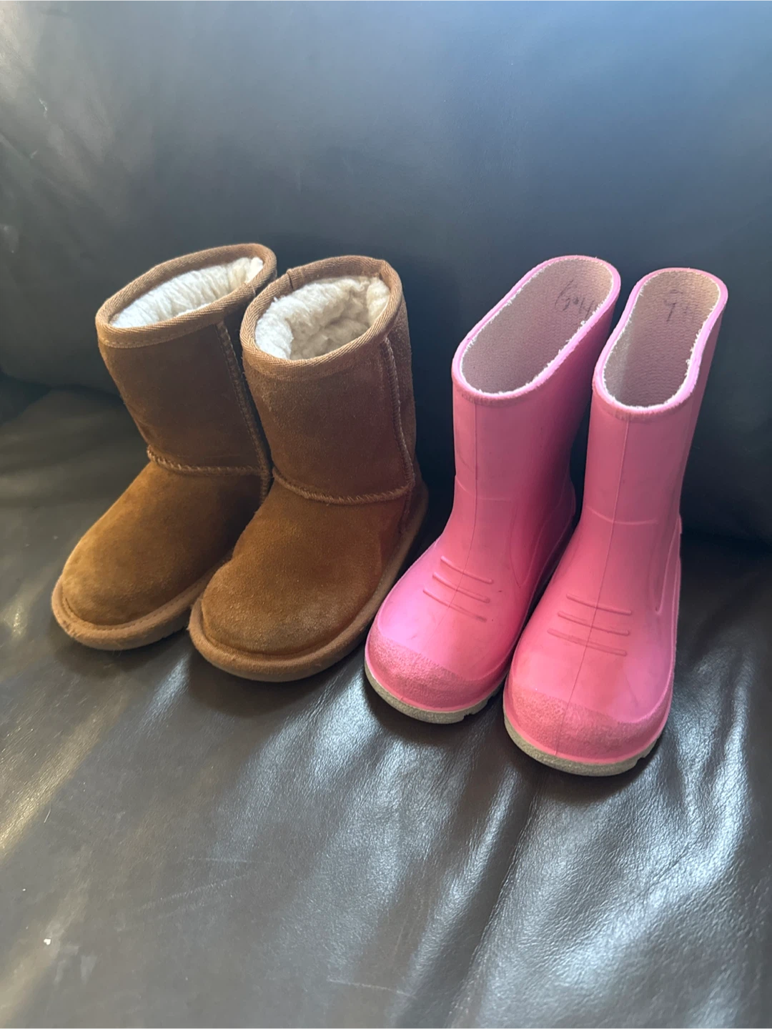 Kids Boots - Brown Sheepskin & Pink Rain Boots - size 6