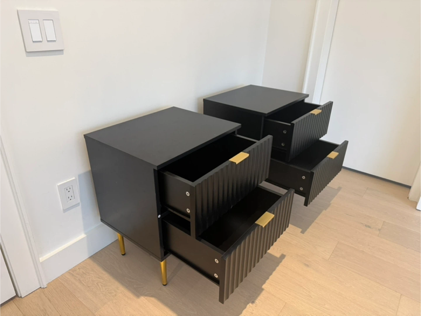 Two Black Nightstands with Gold Legs - 2 Drawers - photo 3