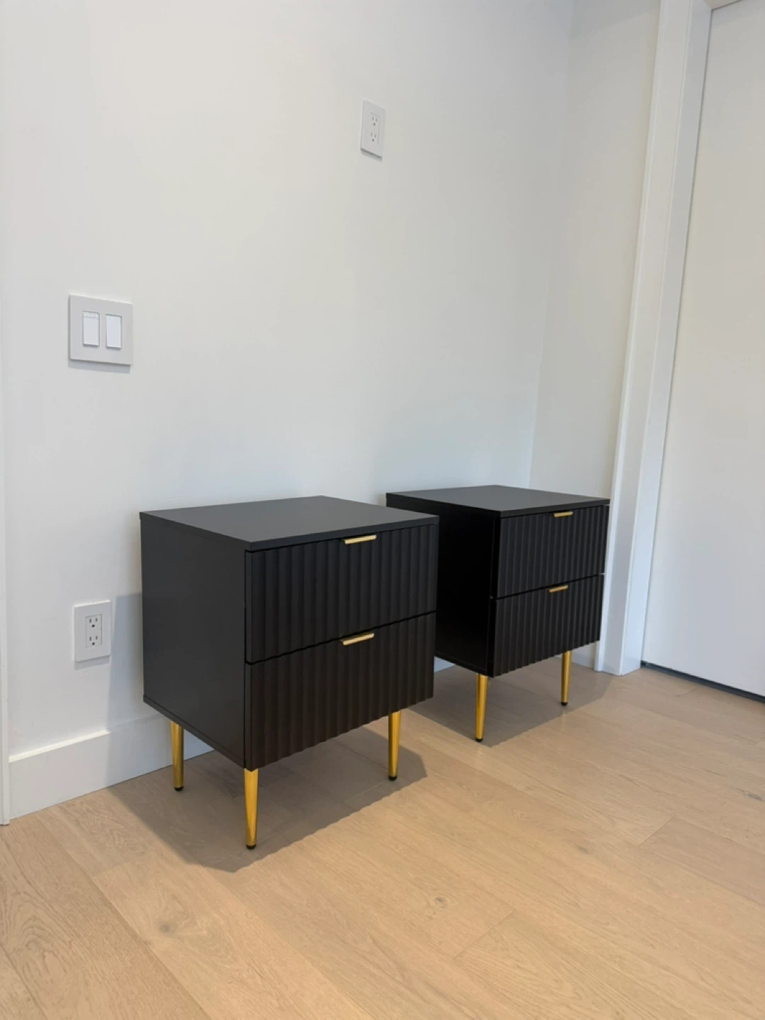 Two Black Nightstands with Gold Legs - 2 Drawers - photo 2