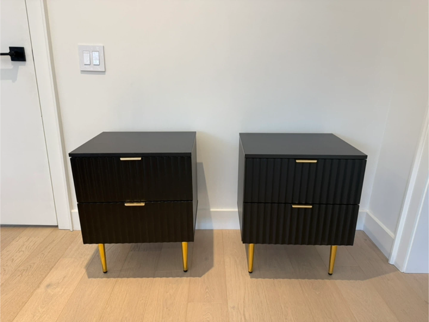 Two Black Nightstands with Gold Legs - 2 Drawers