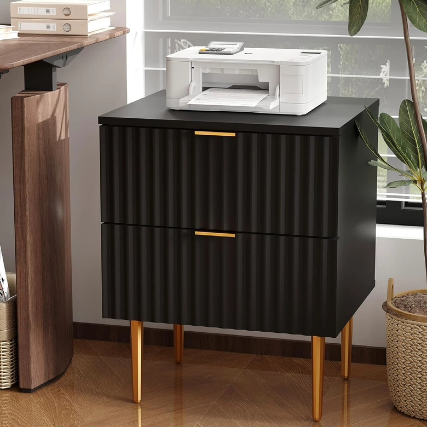 Two Black Nightstands with Gold Legs - 2 Drawers - photo 5