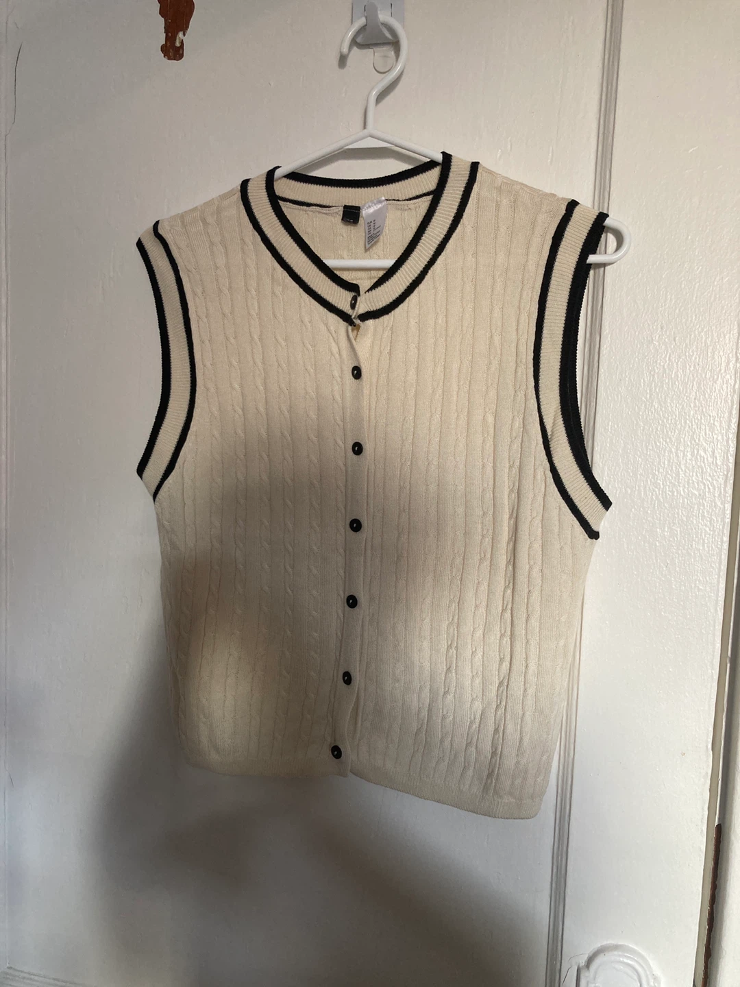 Cream Cable Knit Vest with Black Trim