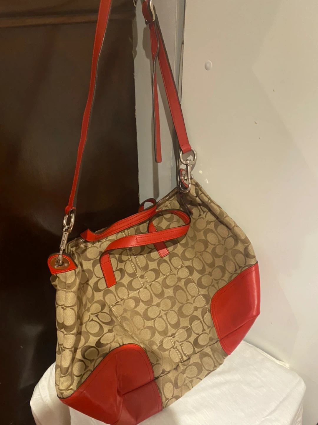 Coach Monogram Canvas & Red Leather Satchel Bag