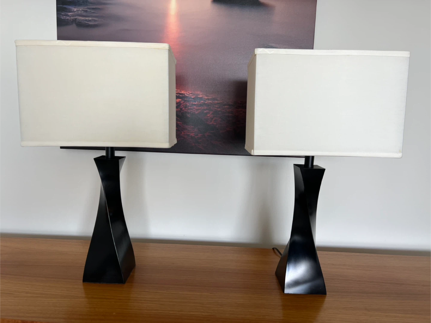 Pair of Black Twisted Base Table Lamps with Cream Shades
