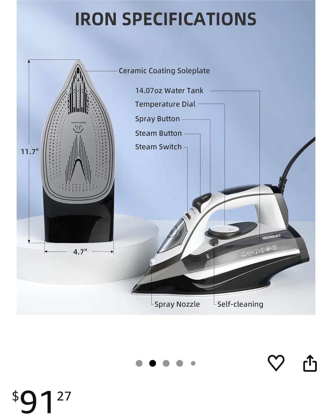 IRONDAY 1700W Professional Steam Iron with Ceramic Soleplate - photo 2