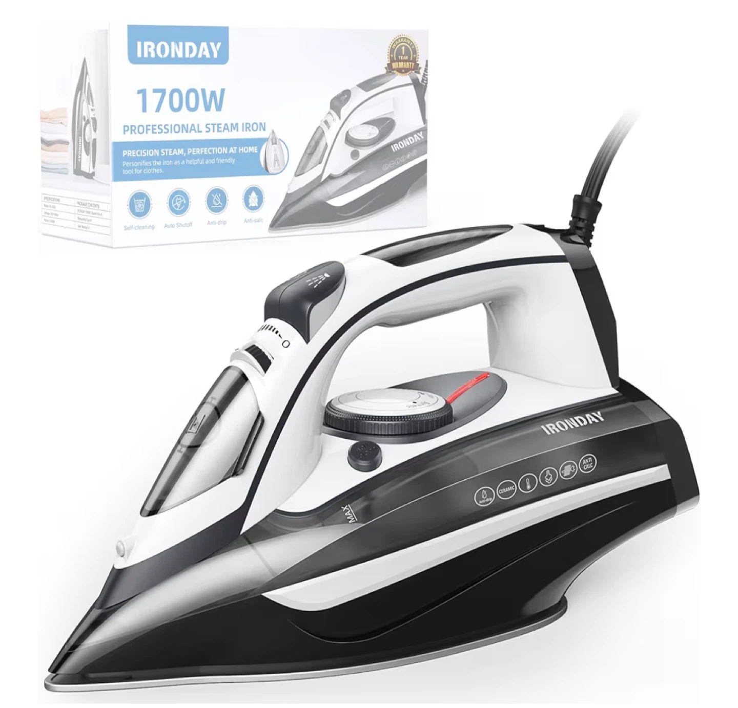IRONDAY 1700W Professional Steam Iron with Ceramic Soleplate