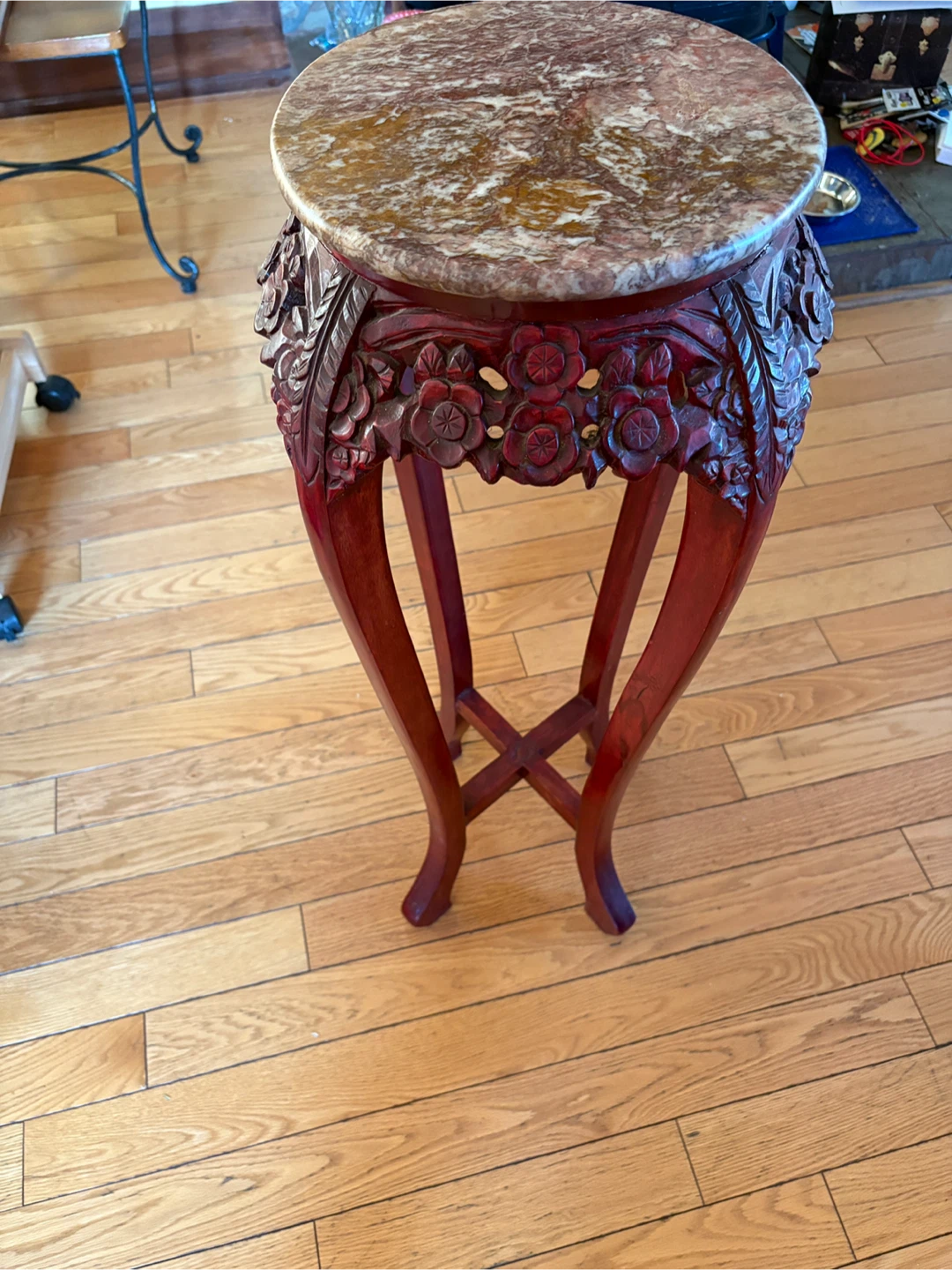 Carved Wood and Marble Pedestal Plant Stand