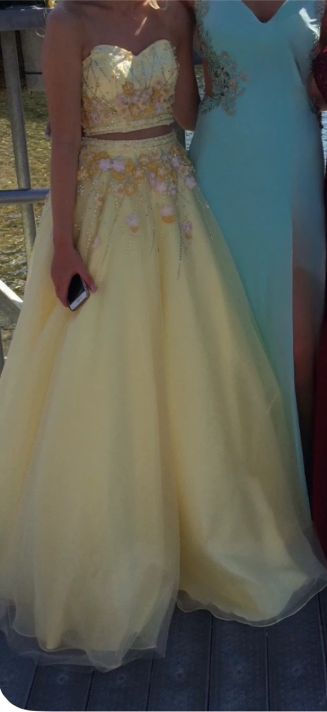 Strapless Yellow Beaded Floral Two-Piece Prom Dress