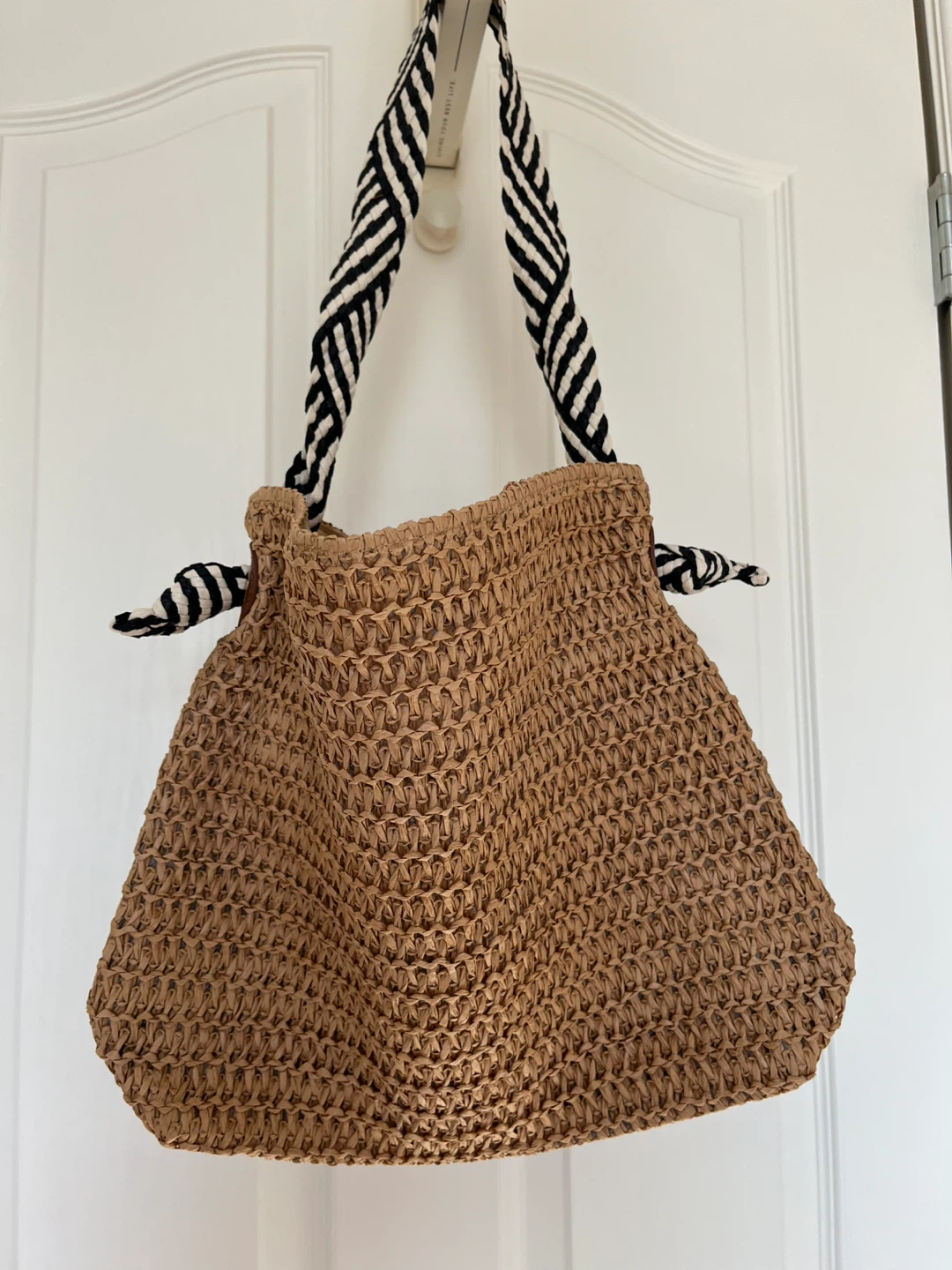 Brand New Woven Tote Bag with Striped Handles