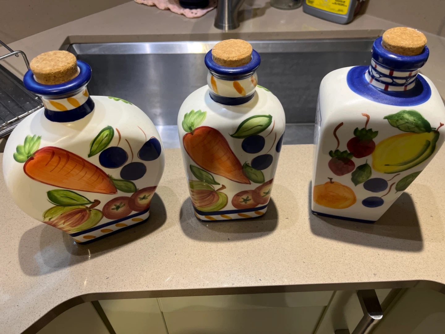 Set of 3 Hand-Painted Ceramic Bottles with Corks