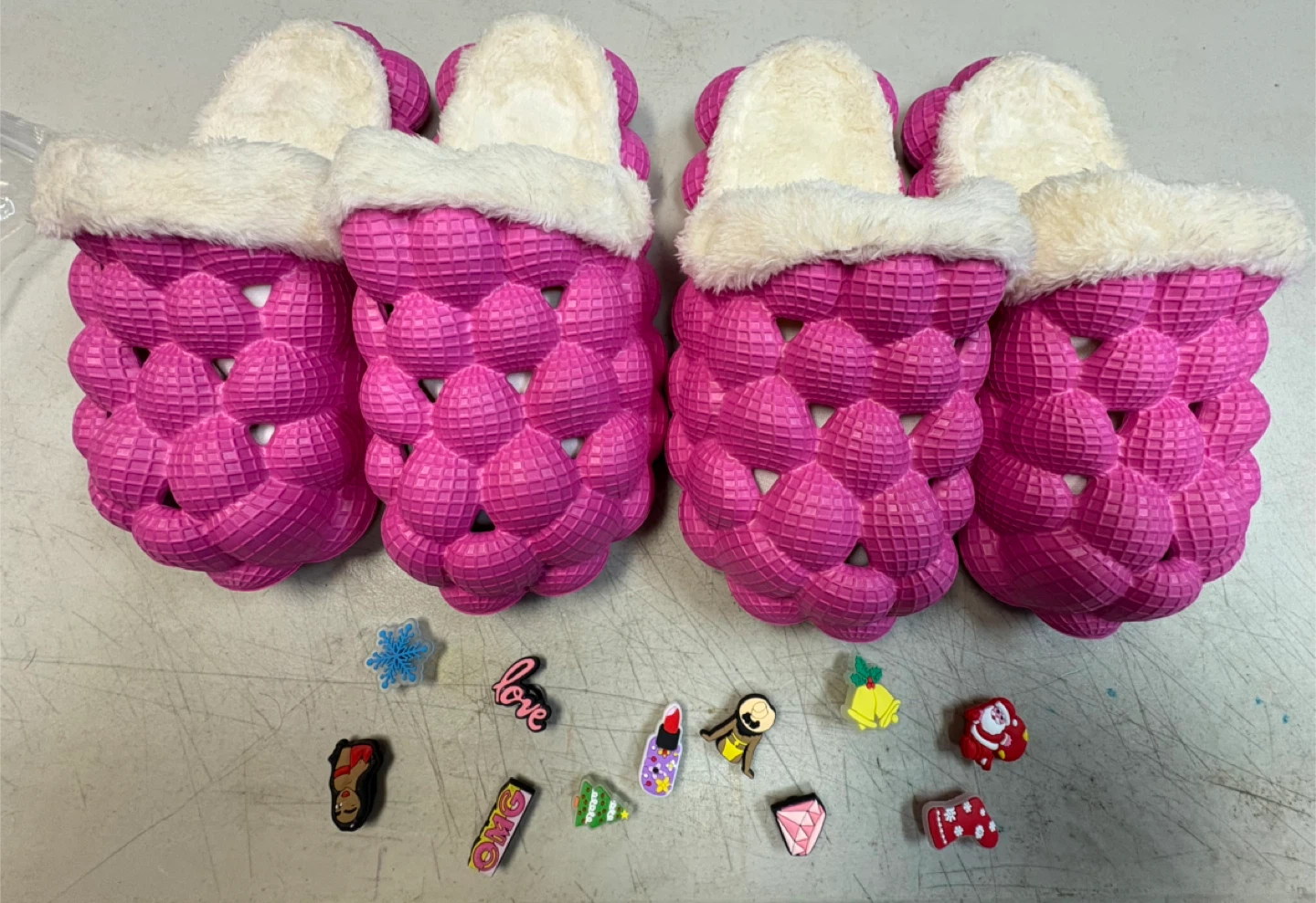 $10 each! Free charms ! Fuzzy Pink Bubble Slippers with Charms
