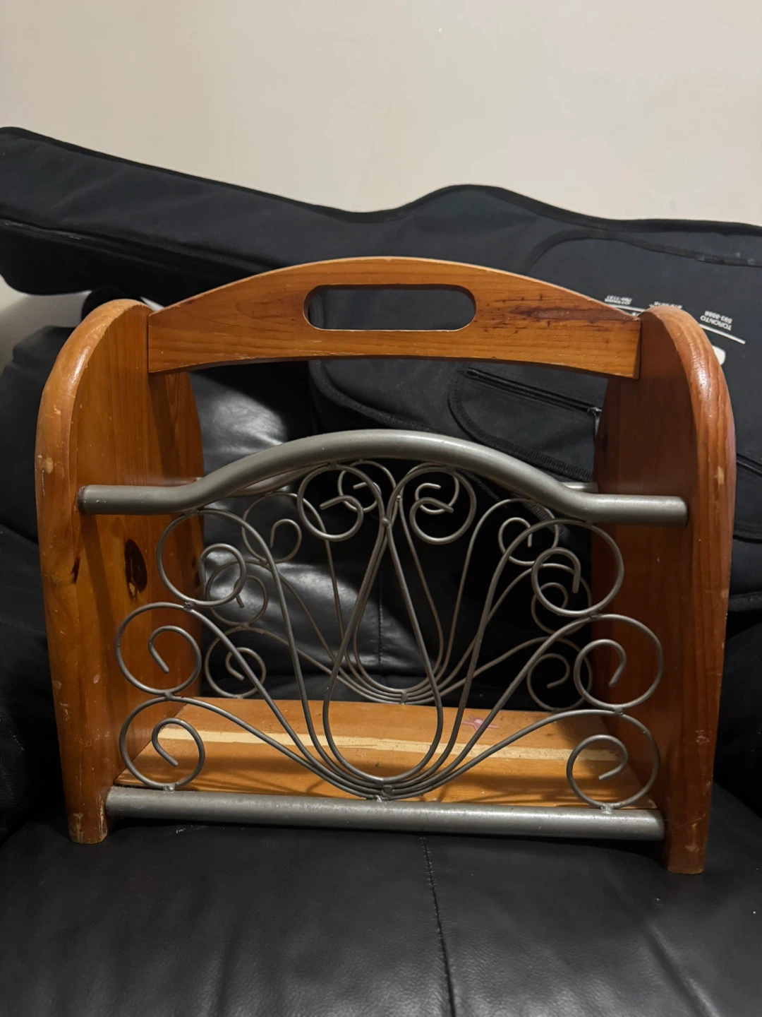 Wooden Magazine Rack with Metal Scrollwork