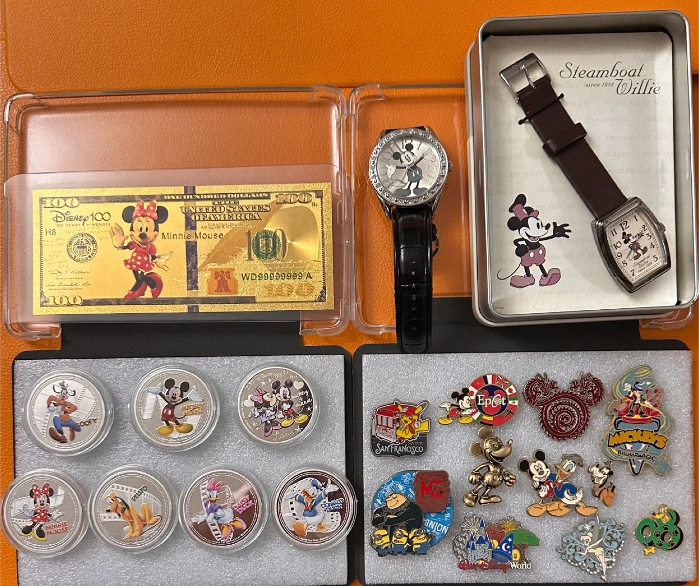 Disney Rare Collectible Lot - Watch, Coins, Pins, and Note