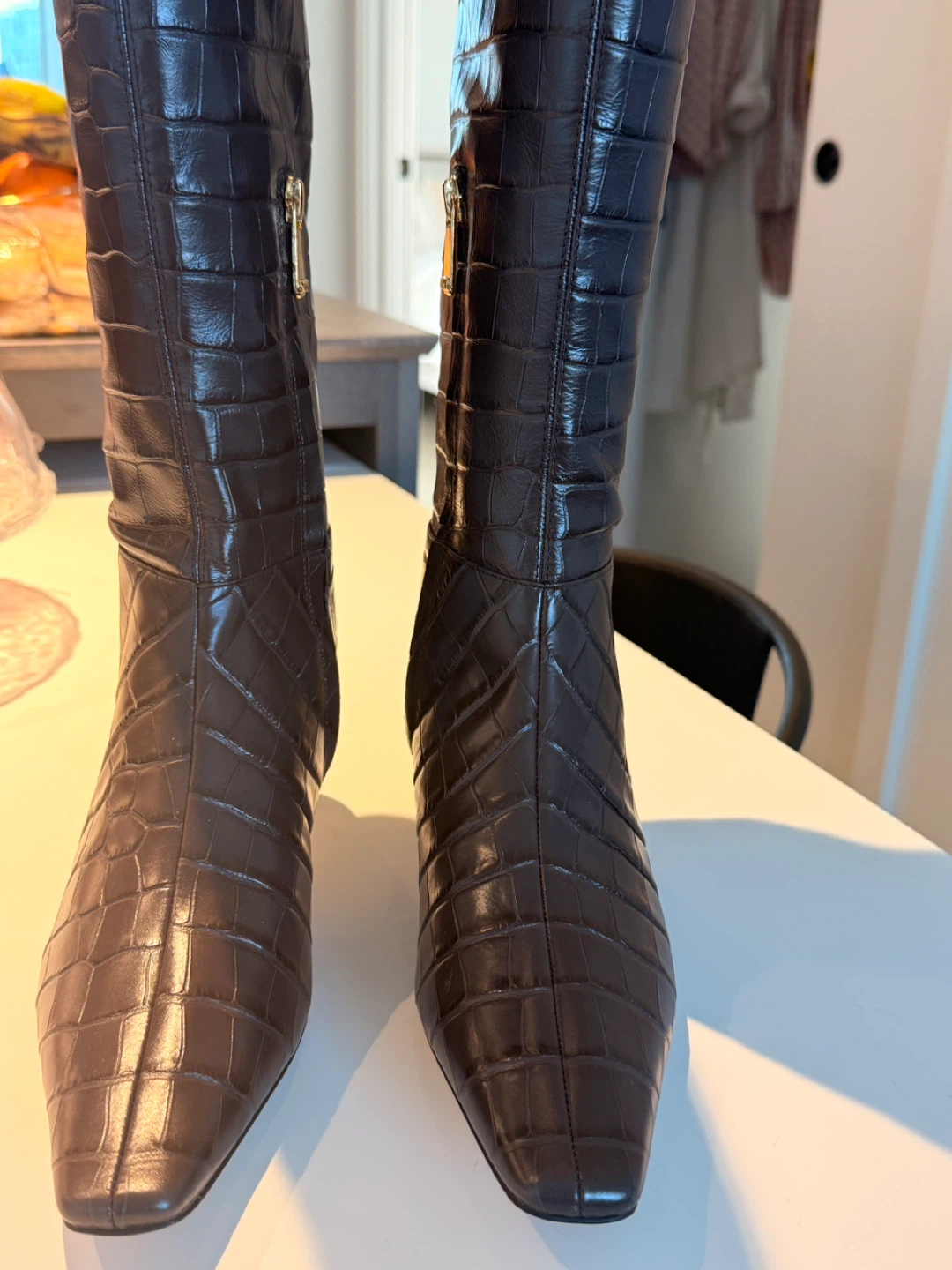 Brown Crocodile Embossed Knee-High Boots - photo 4