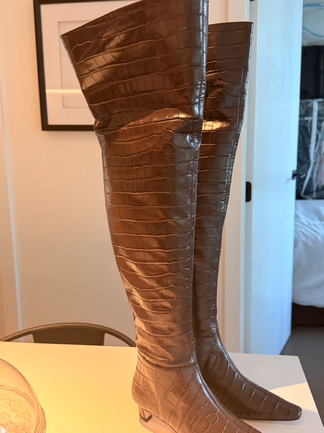 Brown Crocodile Embossed Knee-High Boots