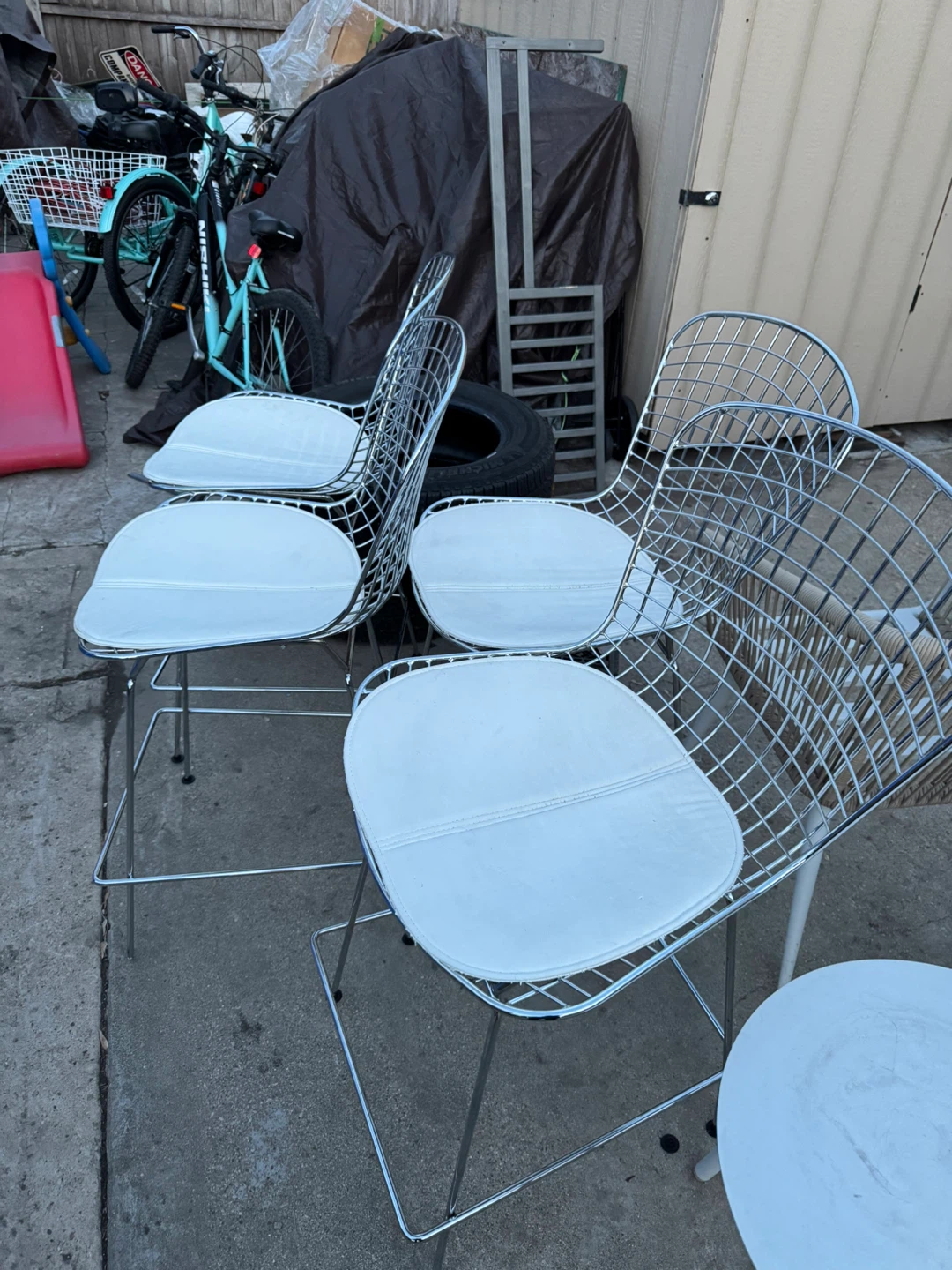 Set of 4 Chrome Wire Bar Stools with White Cushions
