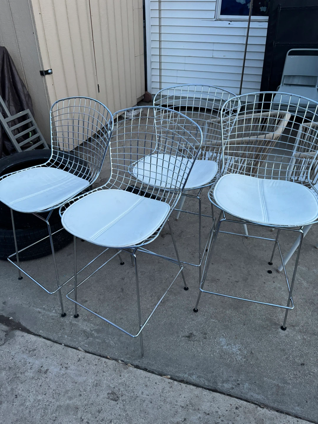 Set of 4 Chrome Wire Bar Stools with White Cushions - photo 3