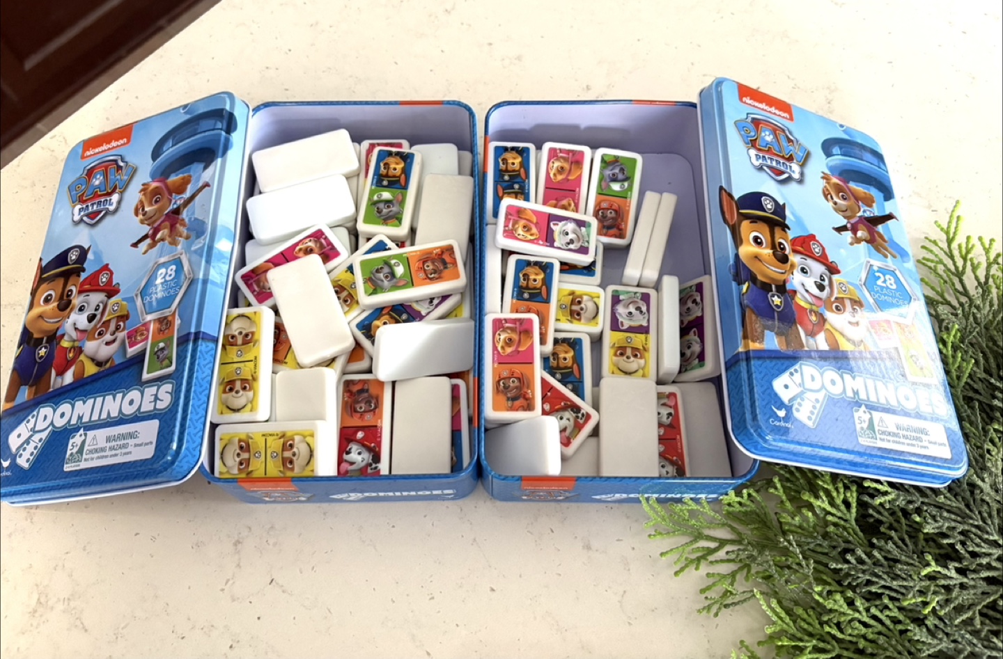 2 Sets Paw Patrol Dominoes Tin Set - 28 Plastic Dominoes