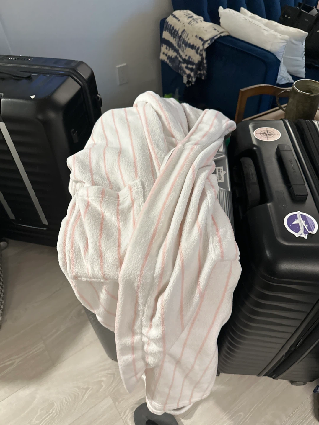 White terrycloth robe with pink stripes
